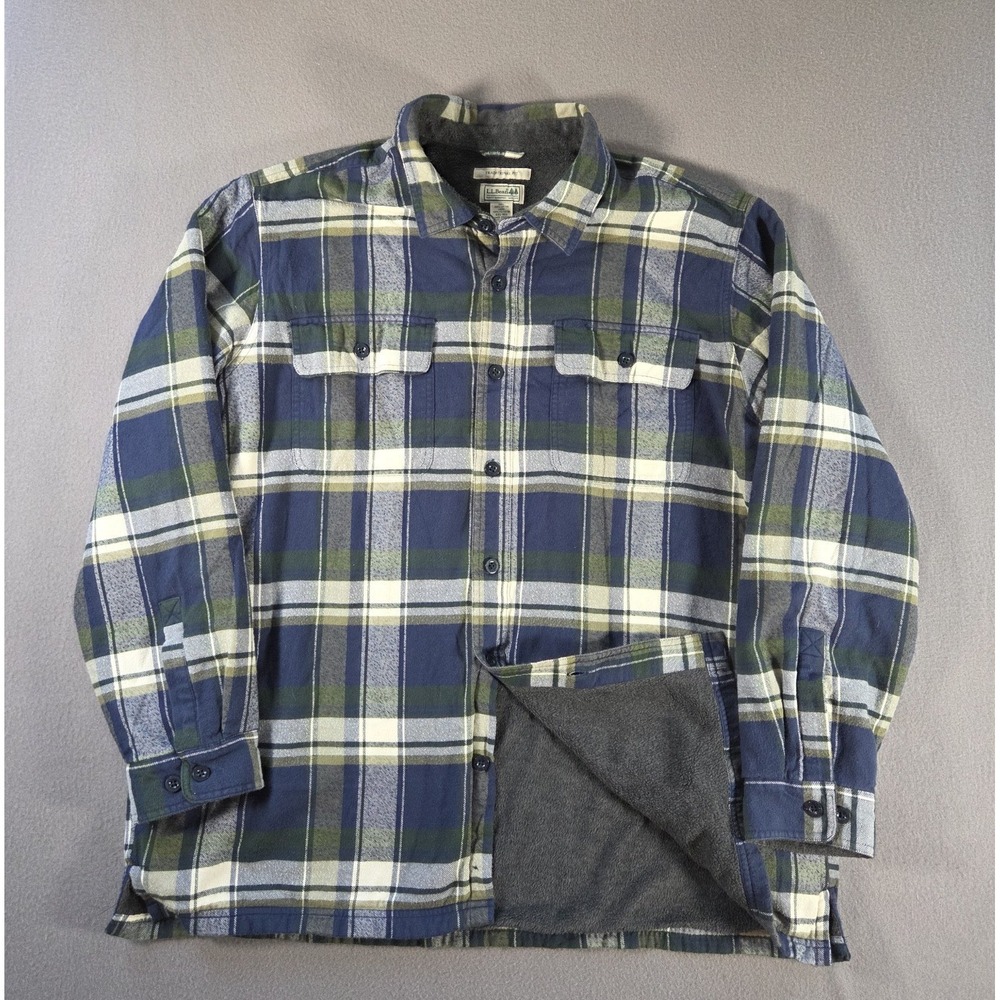 LL Bean Shirt Jacket Mens 2XL Blue Plaid Flannel Fleece Lined Overshirt Outdoor
